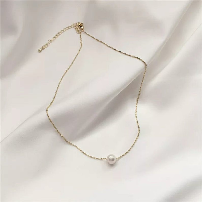 Gold Silver Plated Single White Pearl Minimalist Floating Pendant Necklace - ScentiMelti Home Fragrance, Beauty & Gifts UK