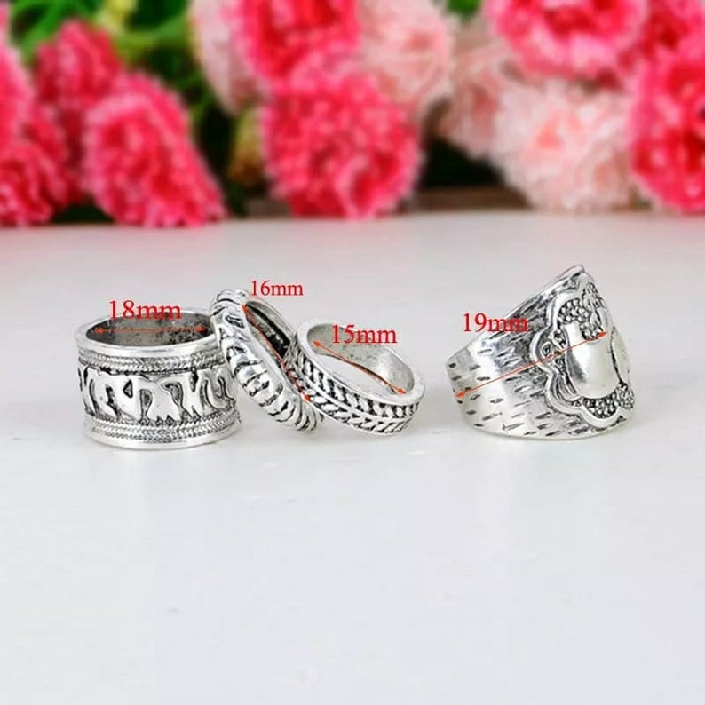 4 Pieces Ethnic Vintage Elephant Bohemian Antique Silver Rings Set - ScentiMelti Home Fragrance, Beauty & Gifts UK