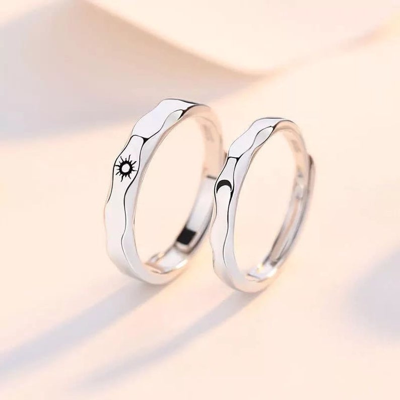 Slim Wave Couple Sun Moon Matching Promise Ring Set - ScentiMelti Home Fragrance, Beauty & Gifts UK