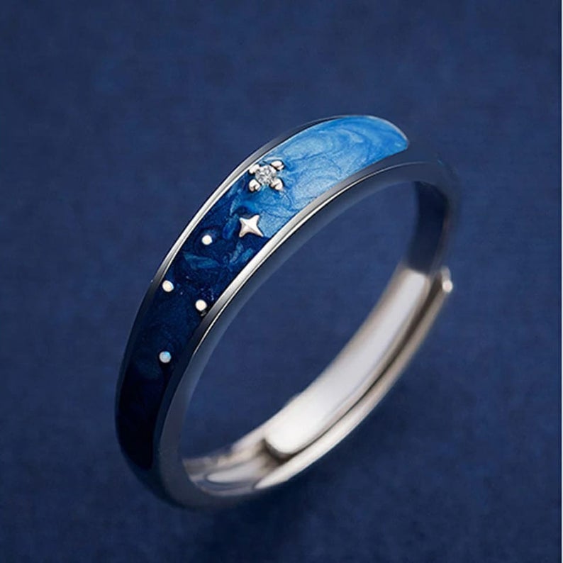 Silver Blue Star Couple Space Adjustable Promise Ring Set - ScentiMelti Home Fragrance, Beauty & Gifts UK