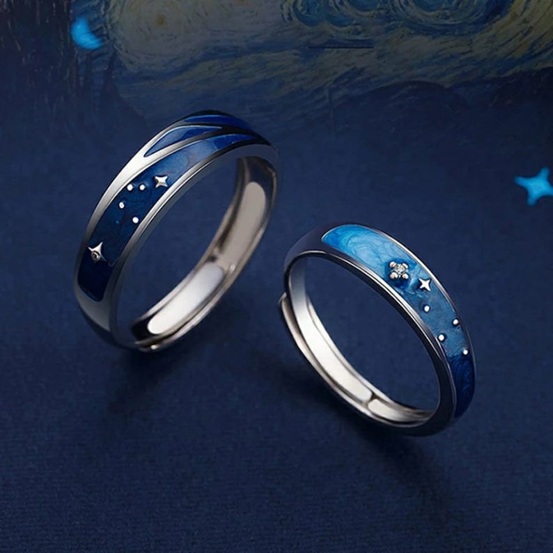 Silver Blue Star Couple Space Adjustable Promise Ring Set - ScentiMelti Home Fragrance, Beauty & Gifts UK