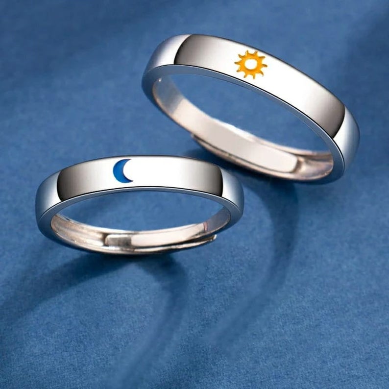 Adjustable Silver Couple Moon and Sun Matching Promise Ring set - ScentiMelti Home Fragrance, Beauty & Gifts UK