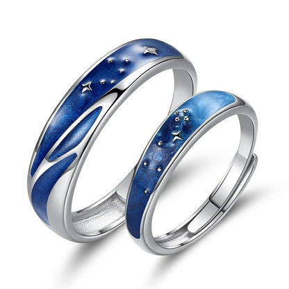 Silver Blue Star Couple Space Adjustable Promise Ring Set - ScentiMelti Home Fragrance, Beauty & Gifts UK