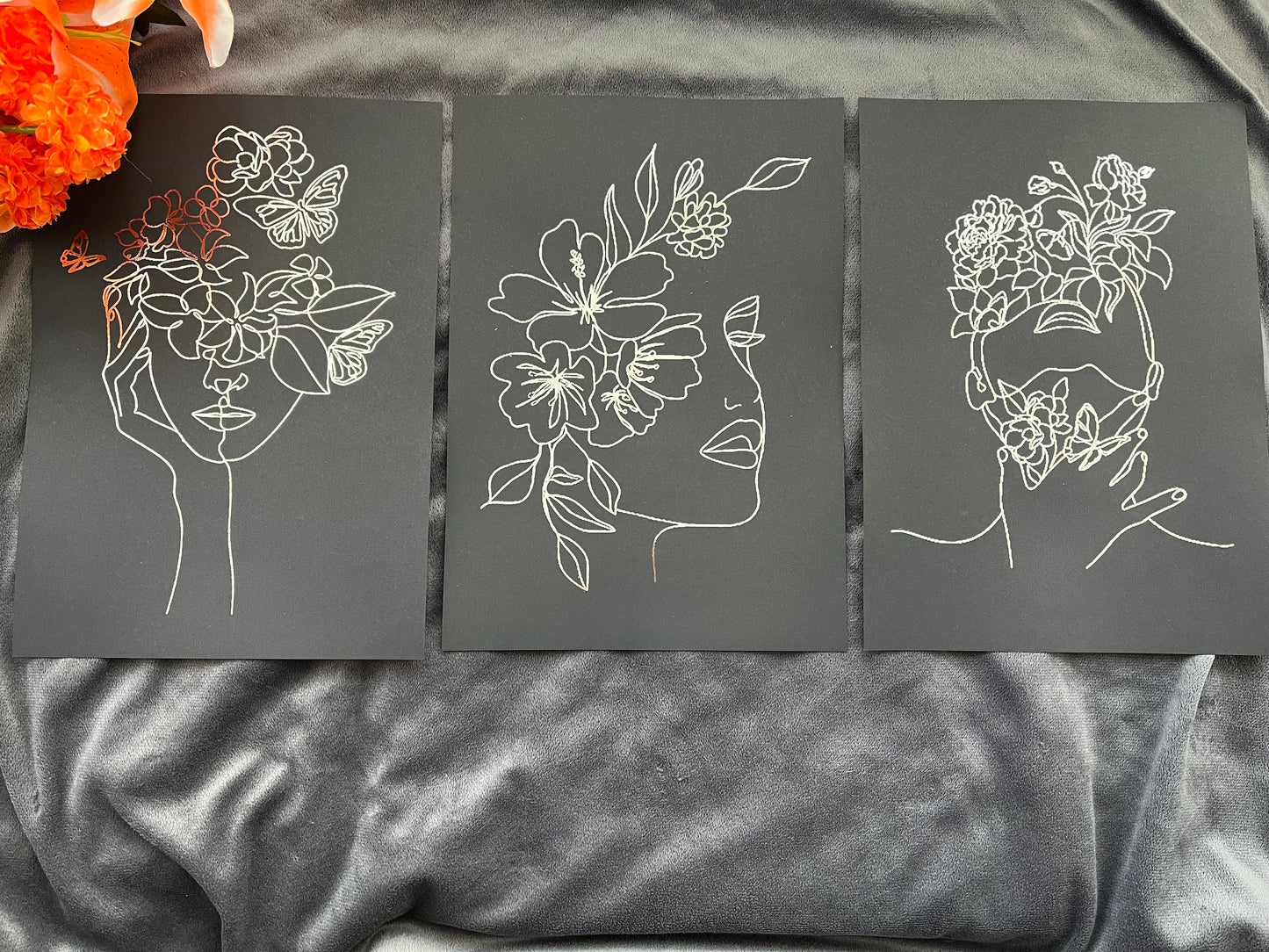 Set of 3 Face, One Line Drawing Foil Prints Black/Silver Billies Inks ScentiMelti Wax Melts