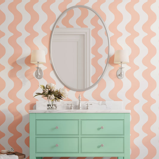 'On The Same Wavelength' Wallpaper in Peach | Wavy Wallpaper in peach colour - ScentiMelti Home Fragrance, Beauty & Gifts UK