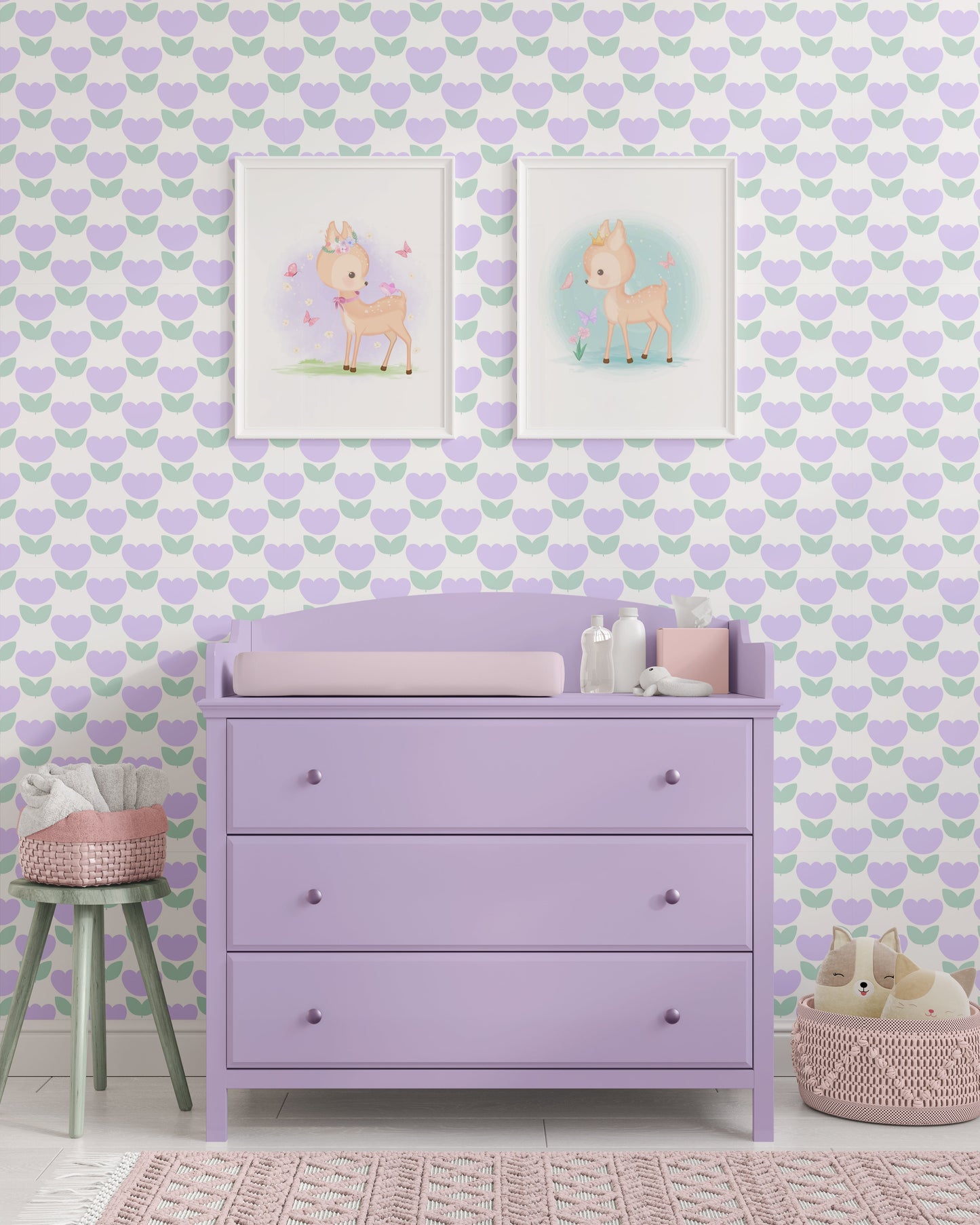 Marta’s Tulips Kids’ Wallpaper in Lavender and Pistachio - ScentiMelti Home Fragrance, Beauty & Gifts UK