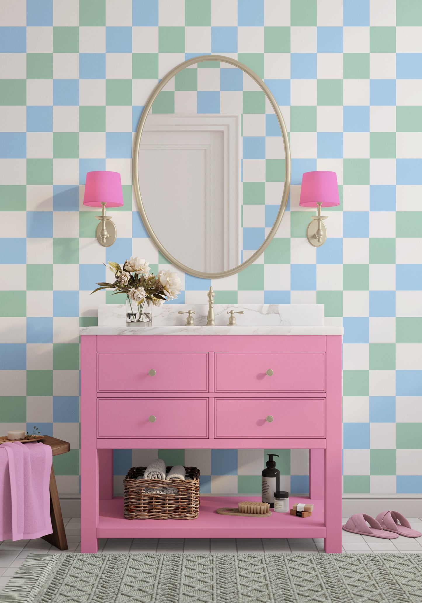 ‘Checkmate’ Checkerboard Wallpaper in Bubblegum Yum and Pistachio | Checkered wallpaper in soft blue and green - ScentiMelti Home Fragrance, Beauty & Gifts UK