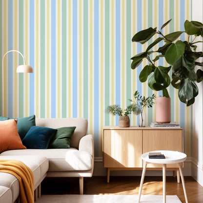 My Kinda Stripes Wallpaper in Bubblegum Yum, Pistachio and Lemon Sorbet | Striped Wallpaper in green, blue and yellow - ScentiMelti Home Fragrance, Beauty & Gifts UK