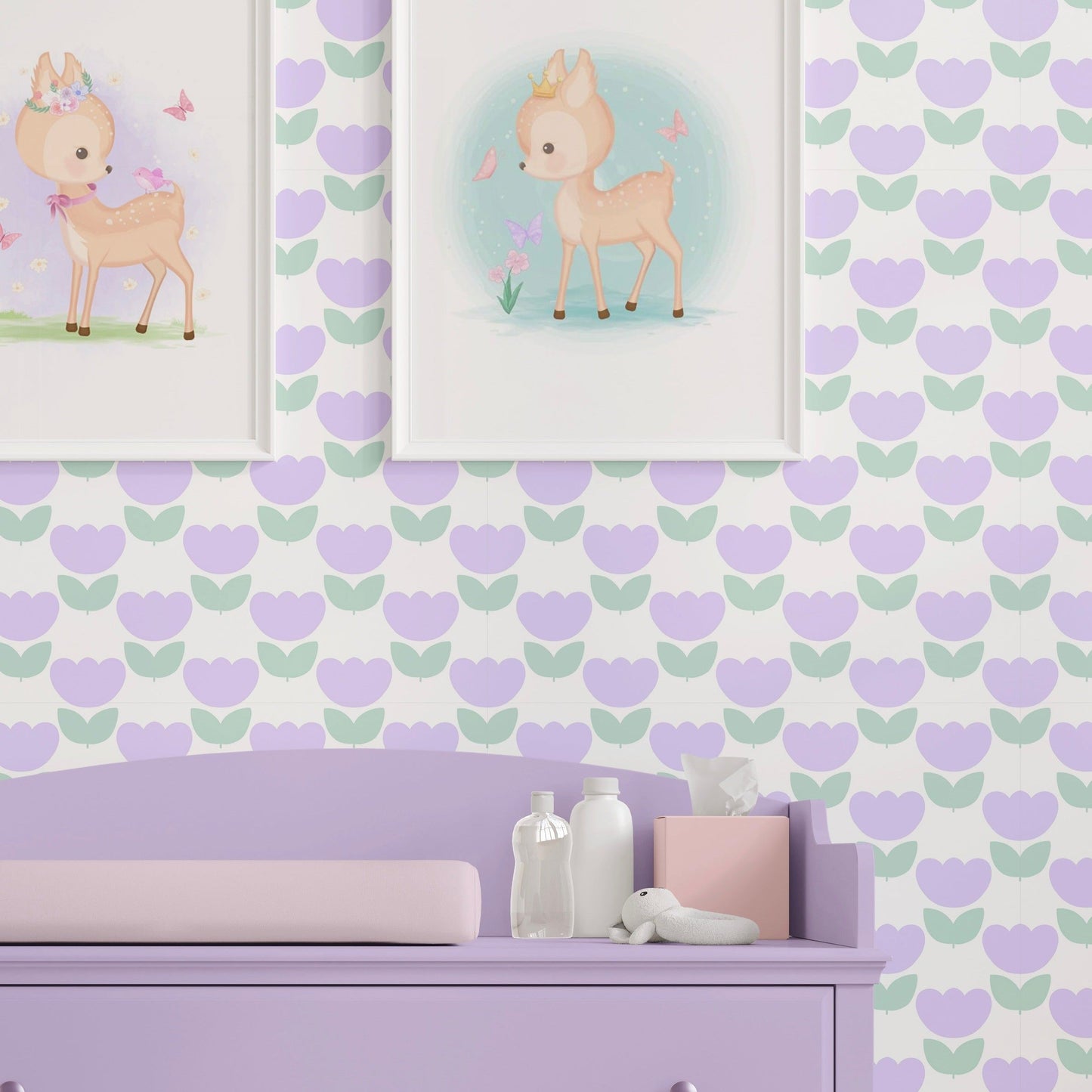 'Marta’s Tulips' - Tulip Wallpaper in Lavender and Pistachio - ScentiMelti Home Fragrance, Beauty & Gifts UK