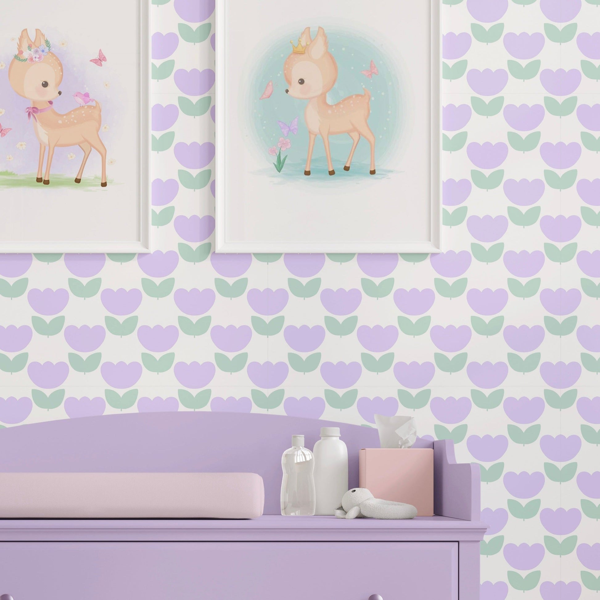 'Marta’s Tulips' - Tulip Wallpaper in Lavender and Pistachio - ScentiMelti Home Fragrance, Beauty & Gifts UK