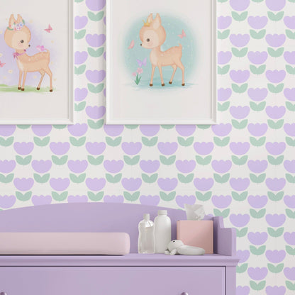 'Marta’s Tulips' - Tulip Wallpaper in Lavender and Pistachio - ScentiMelti Home Fragrance, Beauty & Gifts UK