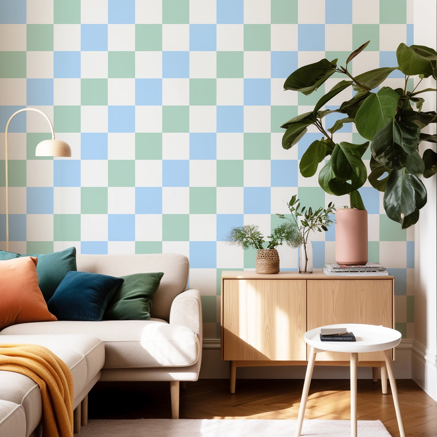 ‘Checkmate’ Checkerboard Wallpaper in Bubblegum Yum and Pistachio | Checkered wallpaper in soft blue and green - ScentiMelti Home Fragrance, Beauty & Gifts UK