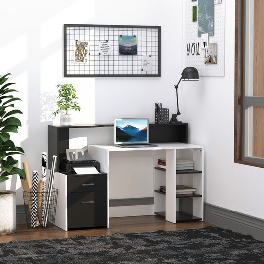 Modern Computer Desk with Drawers and Storage Shelves, Study Workstation, Writing Desk with Printer Stand for Home Office, Black and White - ScentiMelti Home Fragrance, Beauty & Gifts UK