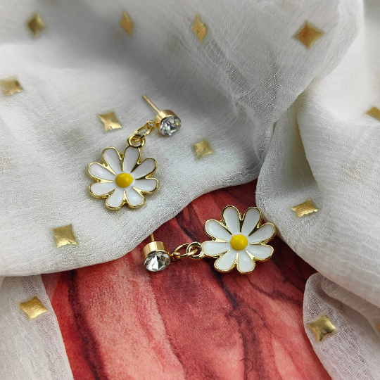 White Daisy Sun Flower Zircon Dangle Drop Summer Floral Handmade Stud Earrings The Colourful Aura ScentiMelti Wax Melts