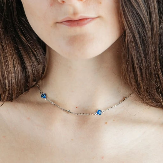 Blue Evil Eye Sideways Cross Christian Minimalist Choker Dainty Necklace - ScentiMelti Home Fragrance, Beauty & Gifts UK