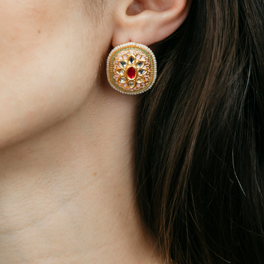 Pink Floral Indian Meenakari Enamel Kundan Stone Studs Ethnic Earrings The Colourful Aura ScentiMelti Wax Melts