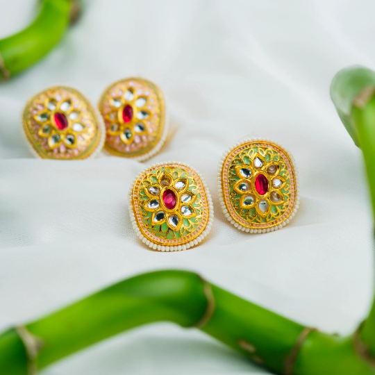 Pink Floral Indian Meenakari Enamel Kundan Stone Studs Ethnic Earrings The Colourful Aura ScentiMelti Wax Melts