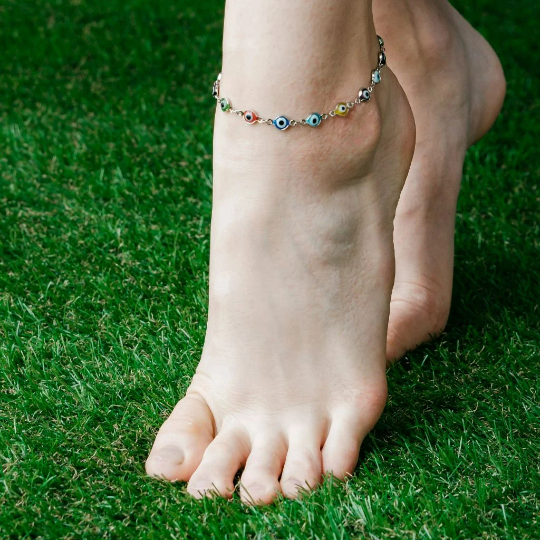 Silver Colourful Protection Greek Evil Eye Beaded Indian Nazaria Payal Anklet - ScentiMelti Home Fragrance, Beauty & Gifts UK