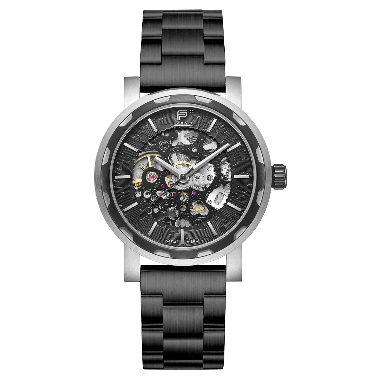 PUNCH Mens Watch, Black & Silver Skeleton Automatic Watch - Black Metal Strap - ScentiMelti Home Fragrance, Beauty & Gifts UK