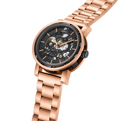 PUNCH Mens Watch, Rose Gold & Black Skeleton Automatic Watch - Rose Gold Metal Strap - ScentiMelti Home Fragrance, Beauty & Gifts UK