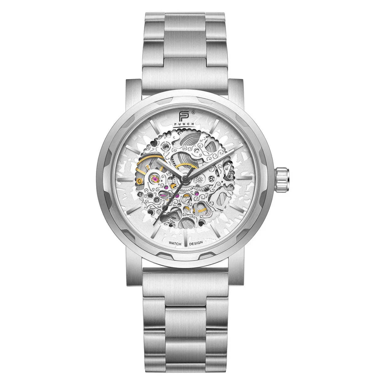 PUNCH Mens Watch, Silver & White Skeleton Automatic Watch - Silver Metal Strap - ScentiMelti Home Fragrance, Beauty & Gifts UK