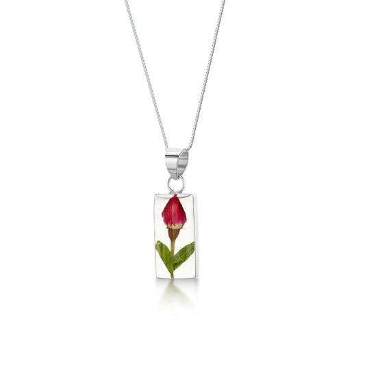 Sterling Silver Rectangle Pendant Necklace with Real Miniature Rose - Perfect Valentine Gift - ScentiMelti Home Fragrance, Beauty & Gifts UK