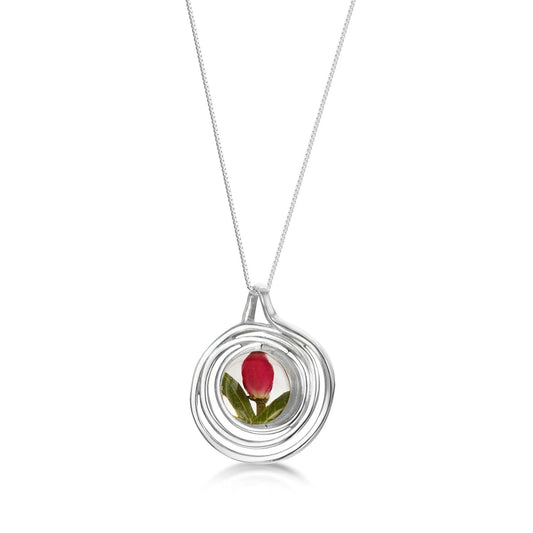 Sterling Silver Spiral Pendant Necklace with Real Miniature Rose