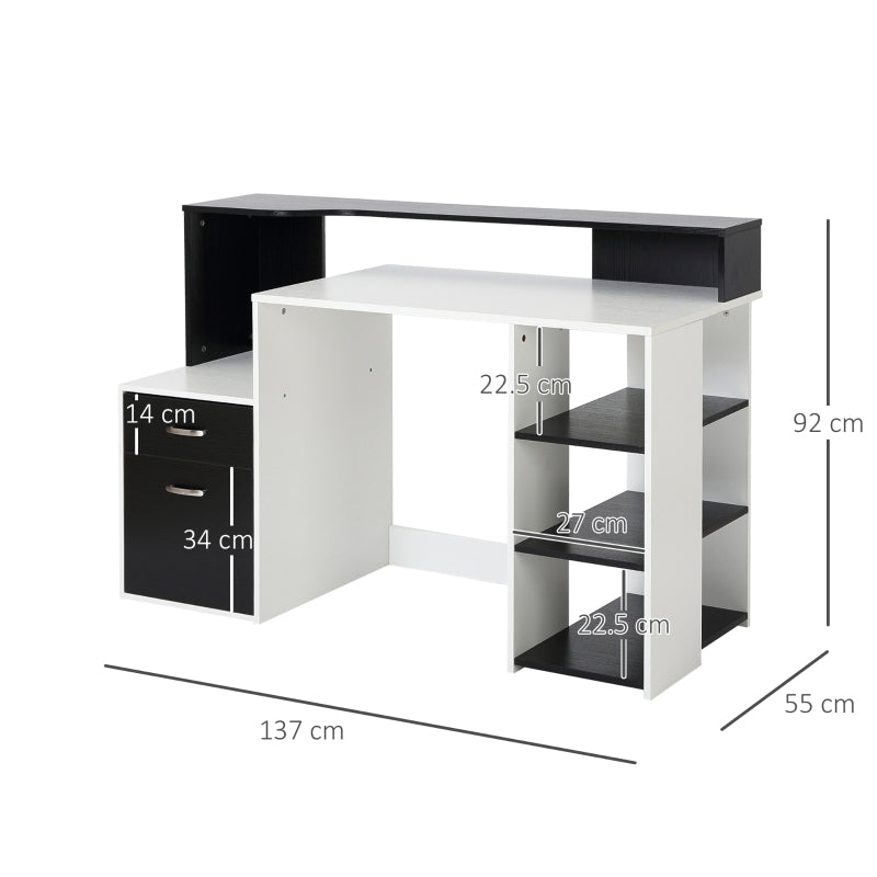 Modern Computer Desk with Drawers and Storage Shelves, Study Workstation, Writing Desk with Printer Stand for Home Office, Black and White - ScentiMelti Home Fragrance, Beauty & Gifts UK