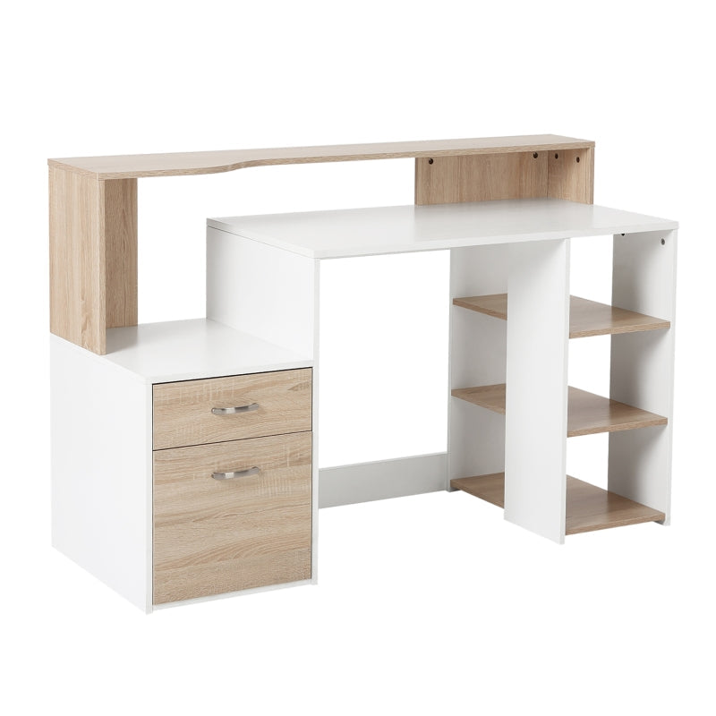 Modern Computer Desk with Drawers and Storage Shelves, Study Workstation, Writing Desk with Printer Stand for Home Office, Oak and White - ScentiMelti Home Fragrance, Beauty & Gifts UK