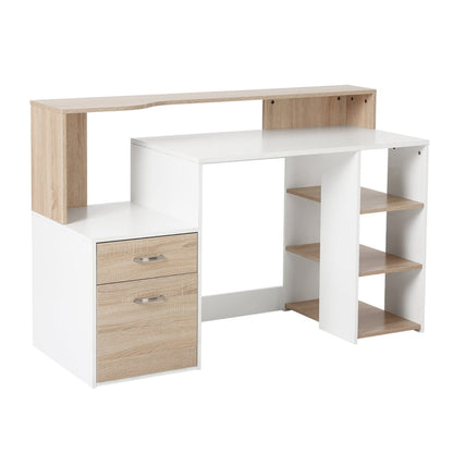 Modern Computer Desk with Drawers and Storage Shelves, Study Workstation, Writing Desk with Printer Stand for Home Office, Oak and White - ScentiMelti Home Fragrance, Beauty & Gifts UK