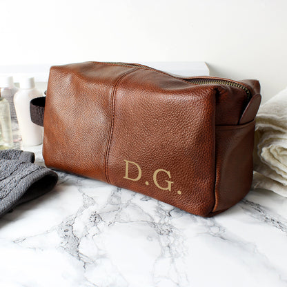 Personalised Luxury Initials Brown Leatherette Wash Bag Gifts Finder ScentiMelti Wax Melts