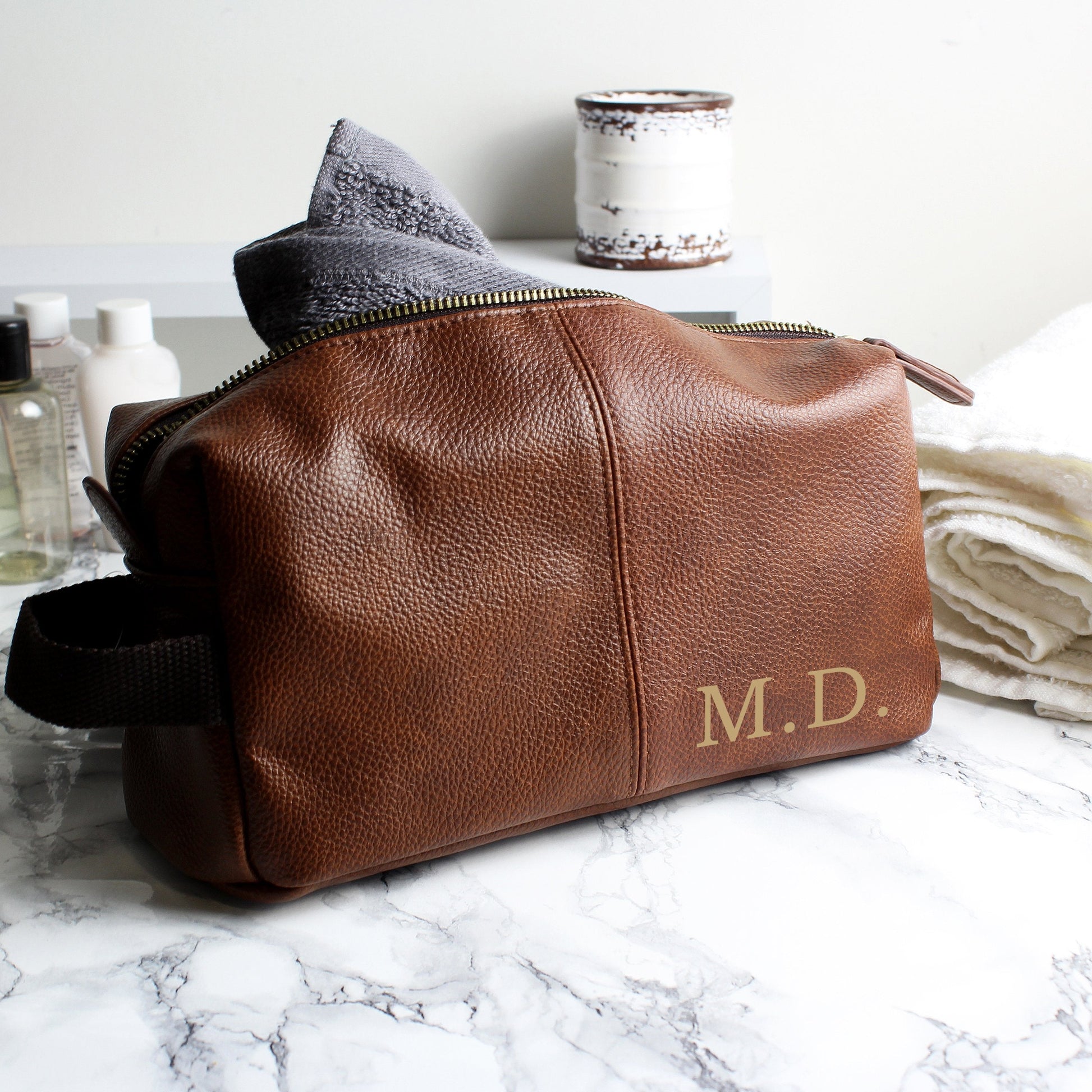 Personalised Luxury Initials Brown Leatherette Wash Bag Gifts Finder ScentiMelti Wax Melts