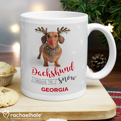 Personalised Rachael Hale Christmas Dachshund Through the Snow Mug Gifts Finder ScentiMelti Wax Melts