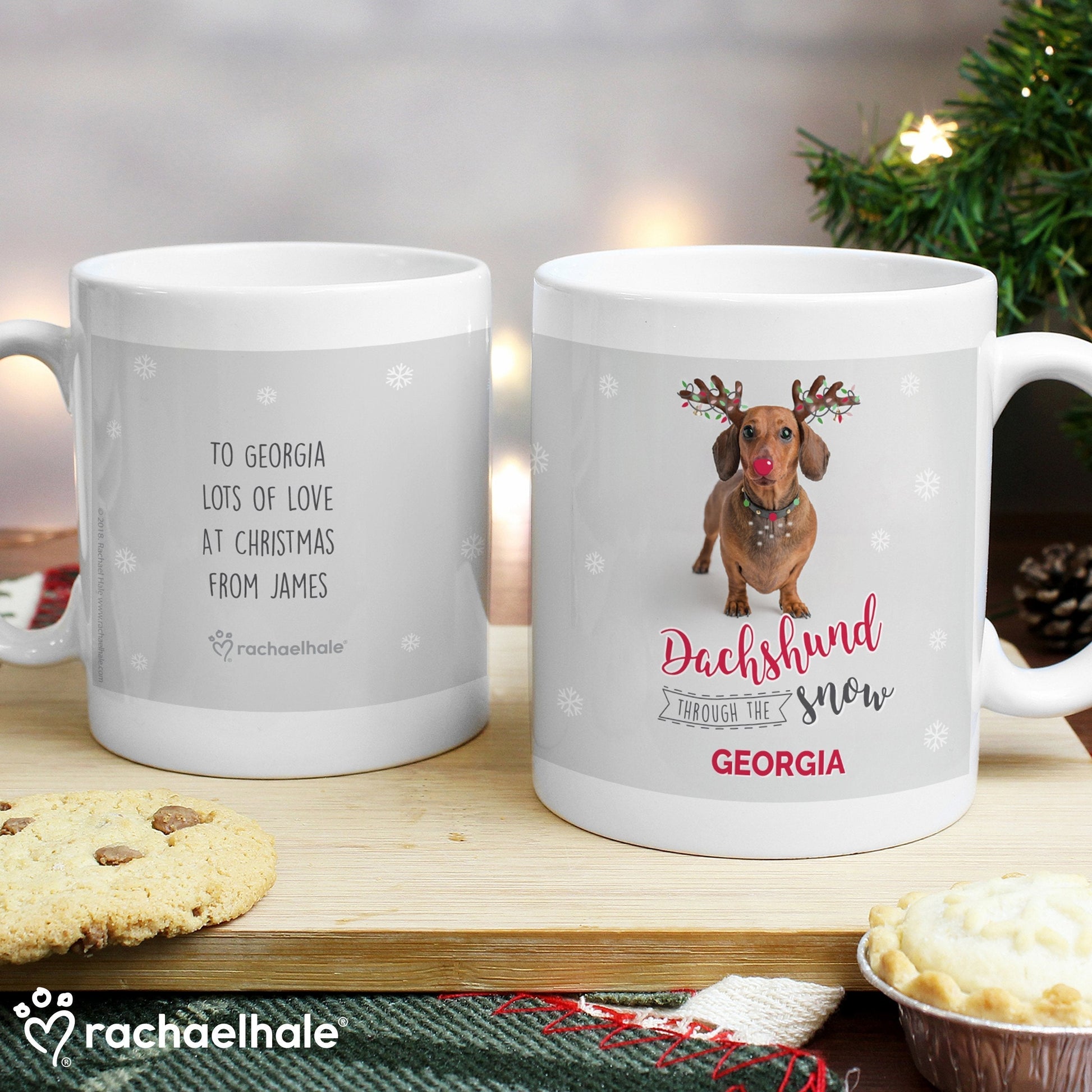 Personalised Rachael Hale Christmas Dachshund Through the Snow Mug Gifts Finder ScentiMelti Wax Melts