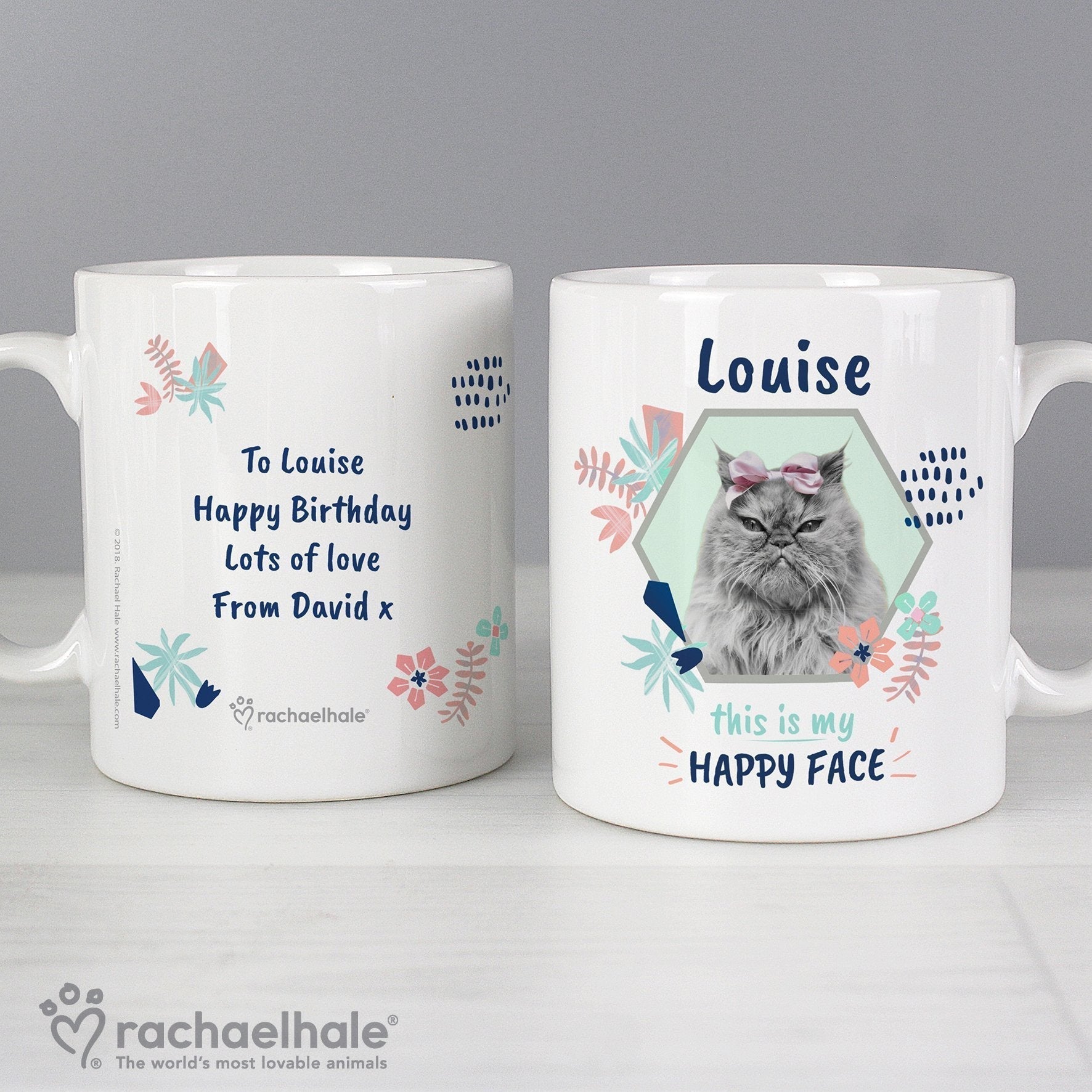 Personalised Rachael Hale 'Happy Face' Cat Mug Gifts Finder ScentiMelti Wax Melts