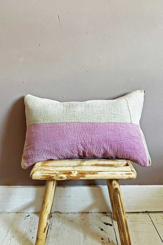 Vintage Kantha Cushion In Pink and Light Mint Green Colour Block Rectangular 30cm x 50cm - ScentiMelti Home Fragrance, Beauty & Gifts UK