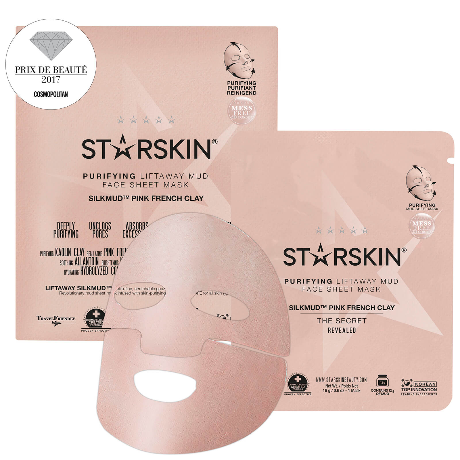 STARSKIN SILKMUD™ Pink French Clay Purifying Liftaway Mud Face Sheet Mask - ScentiMelti Home Fragrance, Beauty & Gifts UK