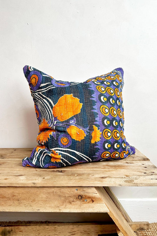 Vintage Kantha Cushion In Blue, Purple and Orange 50cm Square - ScentiMelti Home Fragrance, Beauty & Gifts UK