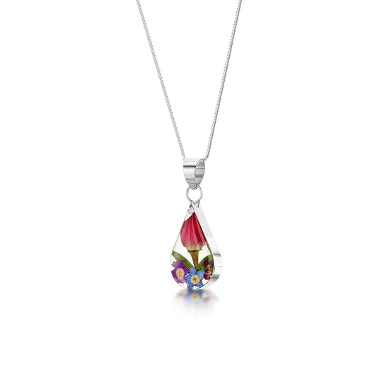 Sterling Silver Teardrop Necklace with Real Flowers - Shrieking Violet®