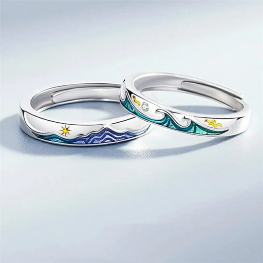 Adjustable Silver Sea Wave Enamel Couple Promise Ring Set - ScentiMelti Home Fragrance, Beauty & Gifts UK