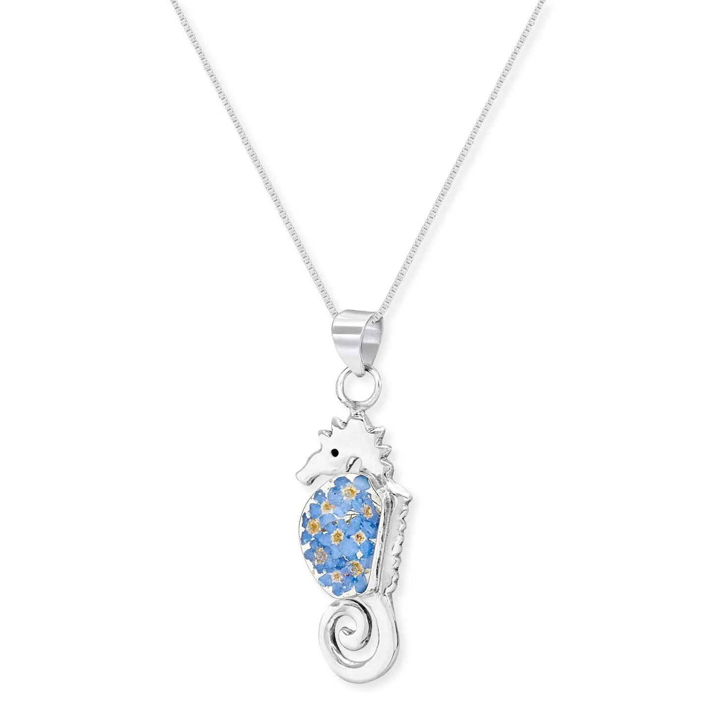 Sterling Silver Seahorse Pendant Necklace with Real Forget-Me-Not Flowers - ScentiMelti Home Fragrance, Beauty & Gifts UK