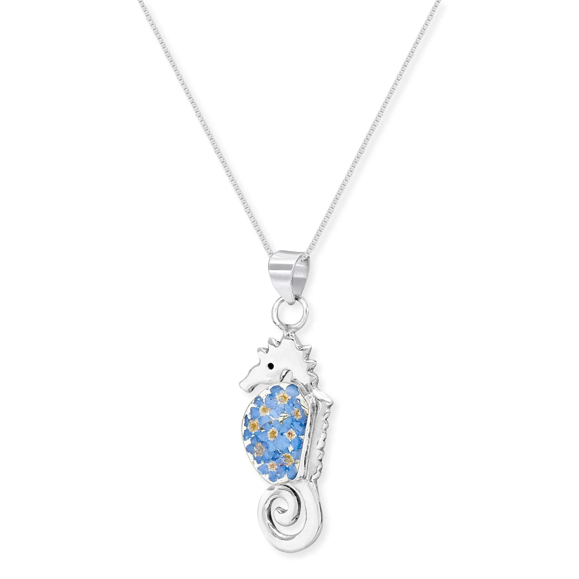 Sterling Silver Seahorse Pendant Necklace with Real Forget-Me-Not Flowers - ScentiMelti Home Fragrance, Beauty & Gifts UK