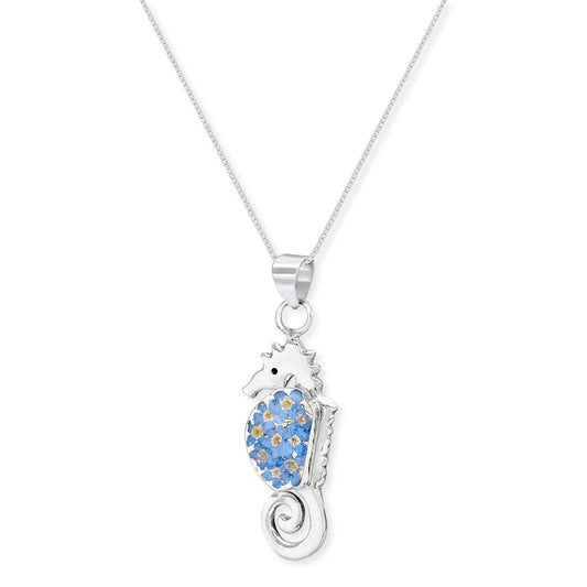 Sterling Silver Seahorse Pendant Necklace with Real Forget-Me-Not Flowers