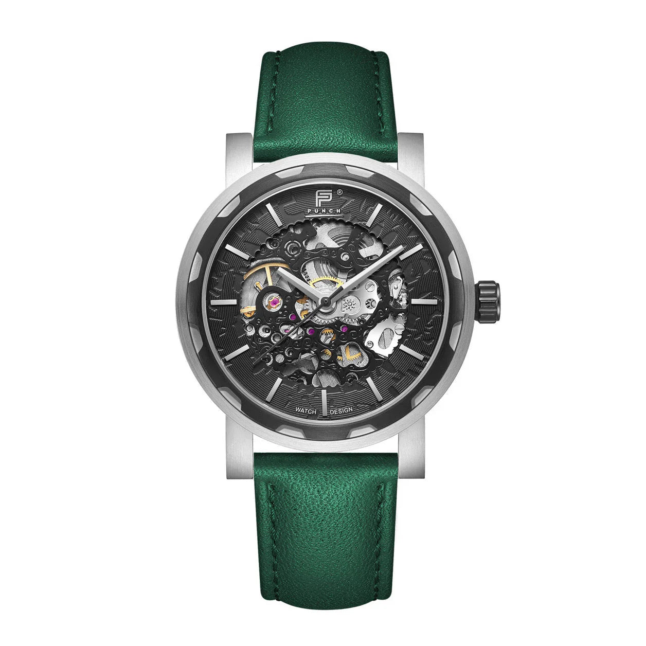 PUNCH Mens Watch, Black & Silver Skeleton Automatic Watch - Green Leather Strap Punch Watch Design ScentiMelti Wax Melts