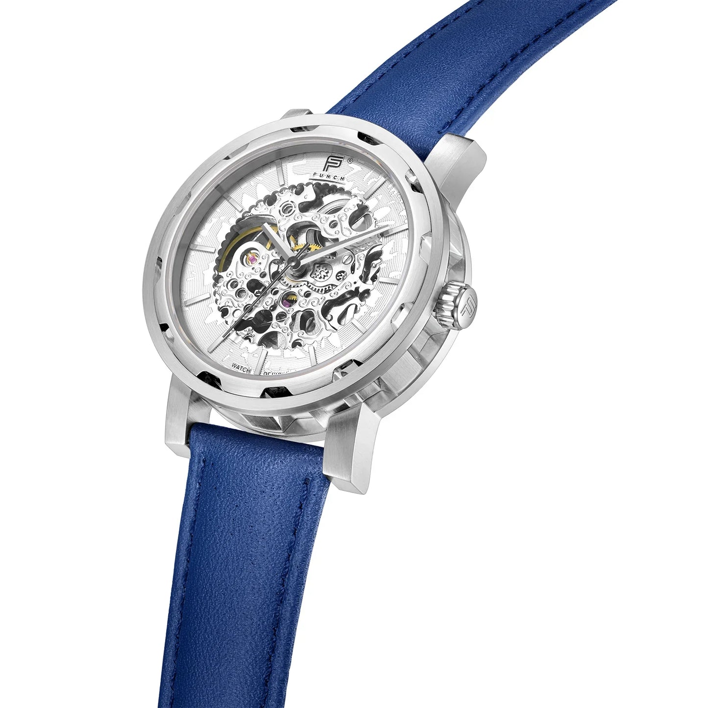 PUNCH Mens Watch, Silver & White Skeleton Automatic Watch - Blue Leather Strap - ScentiMelti Home Fragrance, Beauty & Gifts UK