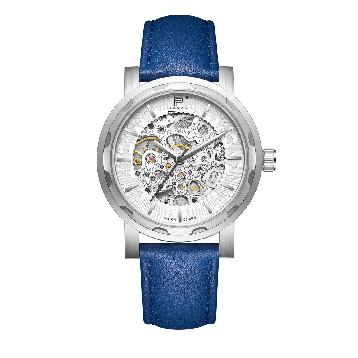 PUNCH Mens Watch, Silver & White Skeleton Automatic Watch - Blue Leather Strap - ScentiMelti Home Fragrance, Beauty & Gifts UK