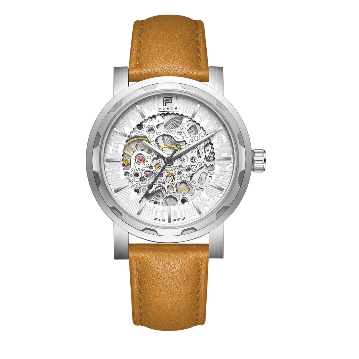 PUNCH Mens Watch, Silver & White Skeleton Automatic Watch - Tan Leather Strap - ScentiMelti Home Fragrance, Beauty & Gifts UK