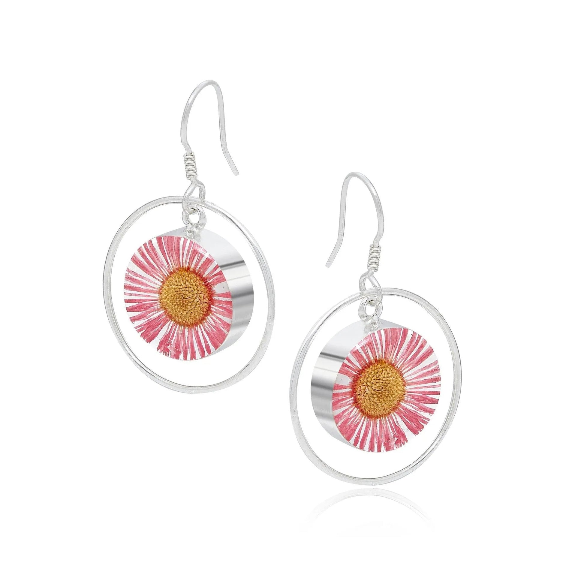 Silver Earrings - Daisy Pink - with Silver Round Surround - ScentiMelti Home Fragrance, Beauty & Gifts UK