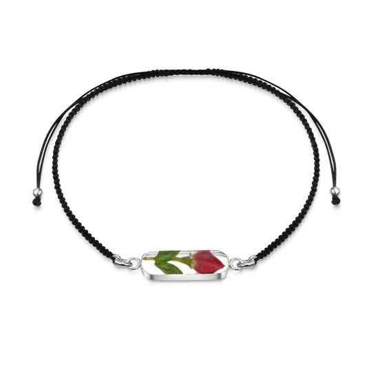 Sterling silver black woven bracelet with oval rose bud charm - ScentiMelti Home Fragrance, Beauty & Gifts UK