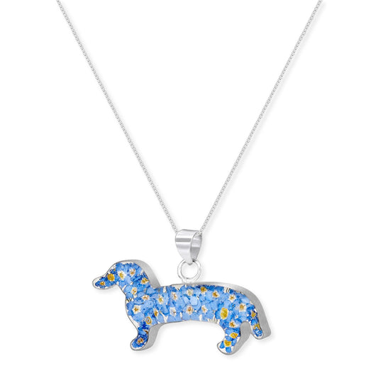 Sterling Silver Dachshund Pendant with Real Forget-Me-Not Flowers by Shrieking Violet - ScentiMelti Home Fragrance, Beauty & Gifts UK